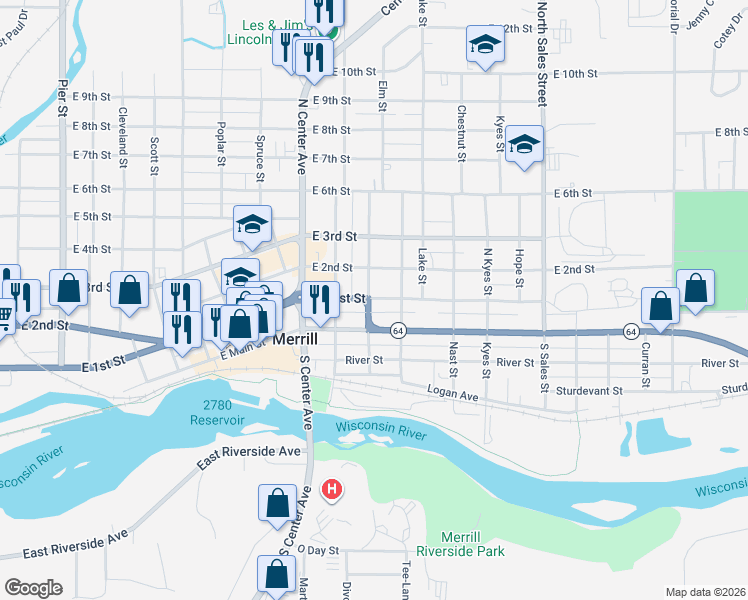 map of restaurants, bars, coffee shops, grocery stores, and more near 102 South Stuyvesant Street in Merrill