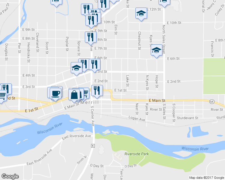 map of restaurants, bars, coffee shops, grocery stores, and more near 1411 East 1st Street in Merrill