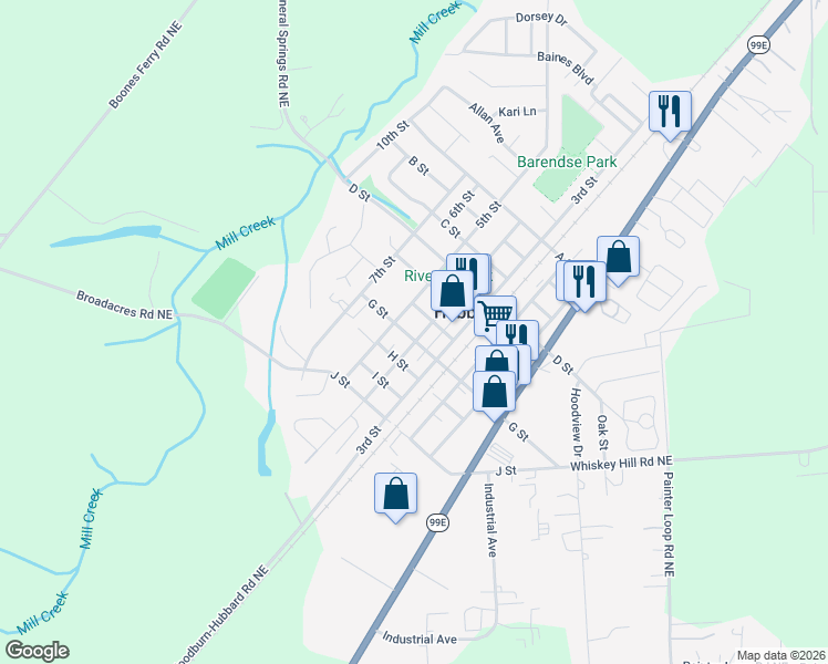 map of restaurants, bars, coffee shops, grocery stores, and more near 2745 G Street in Hubbard