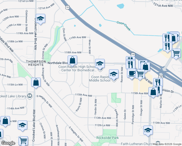 map of restaurants, bars, coffee shops, grocery stores, and more near 11616 Wren Street Northwest in Coon Rapids