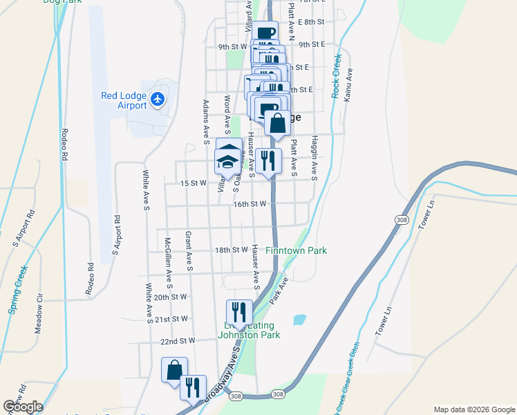 map of restaurants, bars, coffee shops, grocery stores, and more near 500-598 S Hauser Ave in Red Lodge