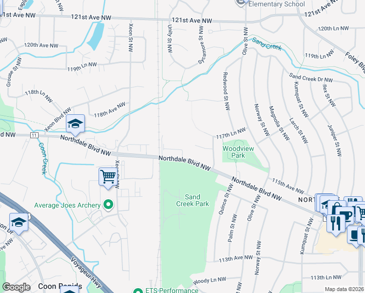 map of restaurants, bars, coffee shops, grocery stores, and more near 11644 Unity Street Northwest in Minneapolis