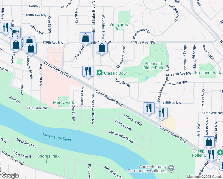map of restaurants, bars, coffee shops, grocery stores, and more near 3715 Coon Rapids Boulevard Northwest in Minneapolis