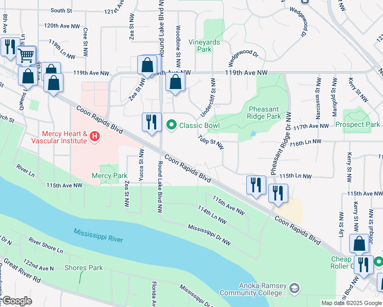 map of restaurants, bars, coffee shops, grocery stores, and more near 3681 Coon Rapids Boulevard Northwest in Minneapolis