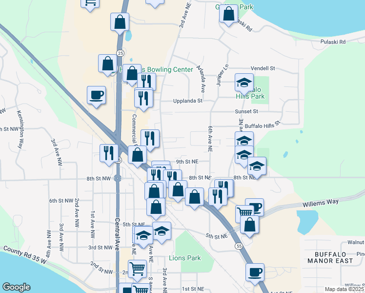 map of restaurants, bars, coffee shops, grocery stores, and more near 407 9th Street Northeast in Buffalo