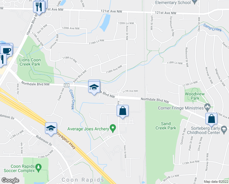 map of restaurants, bars, coffee shops, grocery stores, and more near 1209 Northdale Boulevard Northwest in Minneapolis