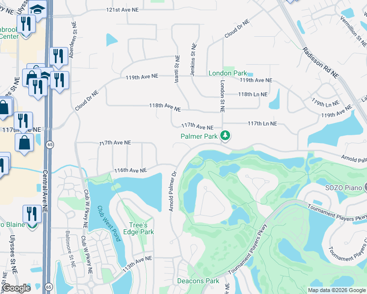 map of restaurants, bars, coffee shops, grocery stores, and more near 11618 Arnold Palmer Drive in Blaine