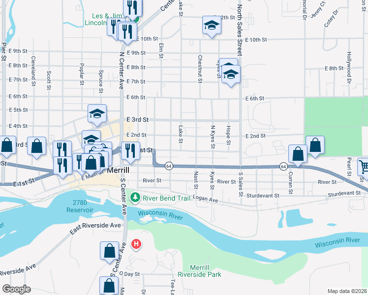 map of restaurants, bars, coffee shops, grocery stores, and more near 1600 East 1st Street in Merrill
