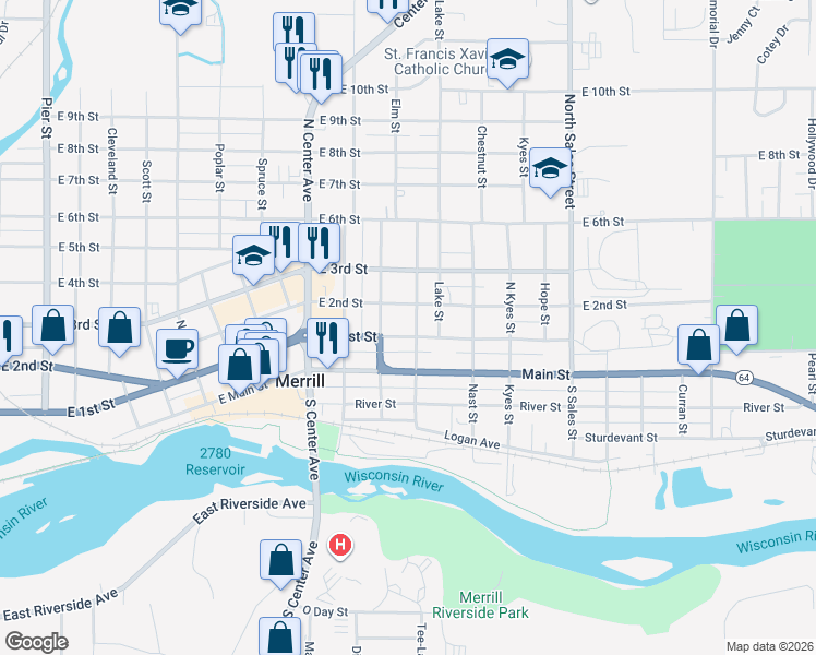map of restaurants, bars, coffee shops, grocery stores, and more near 1411 East 1st Street in Merrill