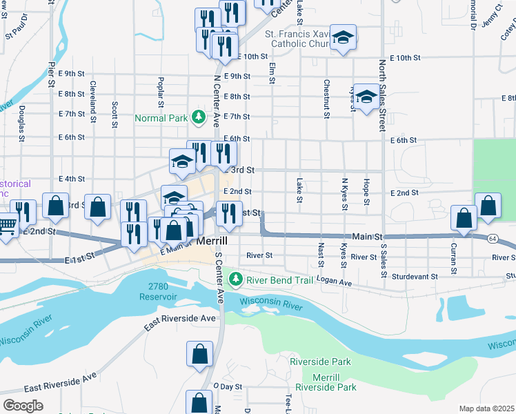 map of restaurants, bars, coffee shops, grocery stores, and more near 102 South Stuyvesant Street in Merrill