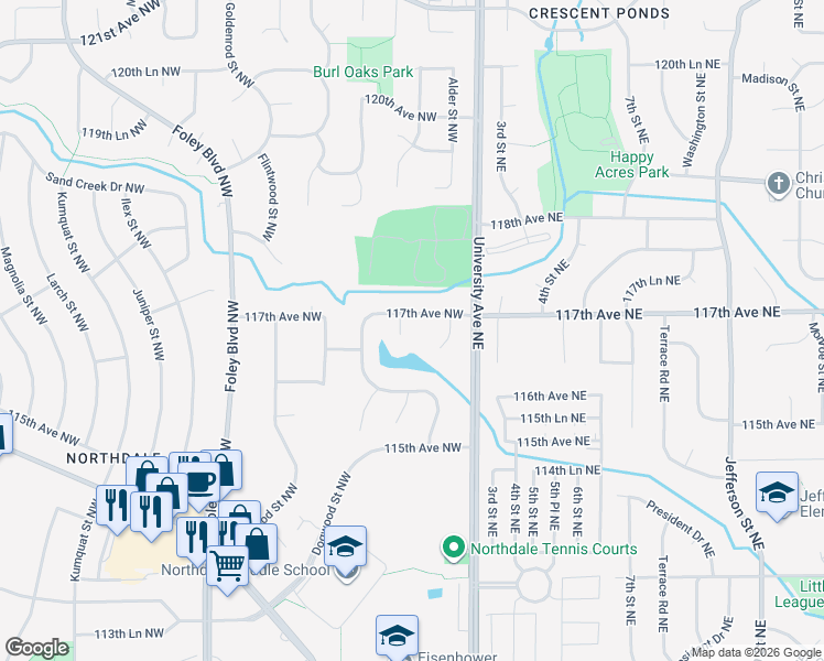 map of restaurants, bars, coffee shops, grocery stores, and more near 11667 Butternut Street Northwest in Minneapolis