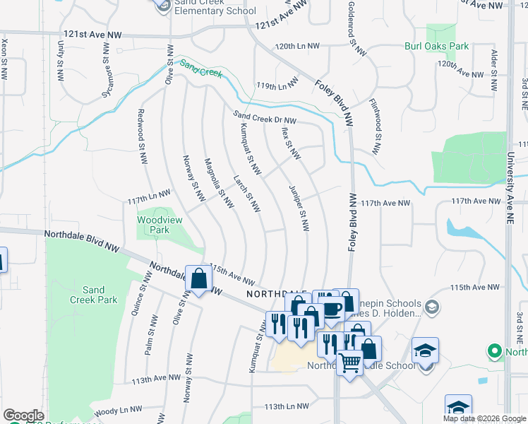map of restaurants, bars, coffee shops, grocery stores, and more near 11651 Larch Street Northwest in Minneapolis