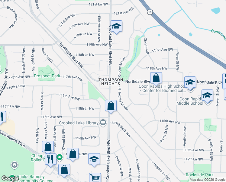 map of restaurants, bars, coffee shops, grocery stores, and more near 11609 Crooked Lake Boulevard Northwest in Coon Rapids
