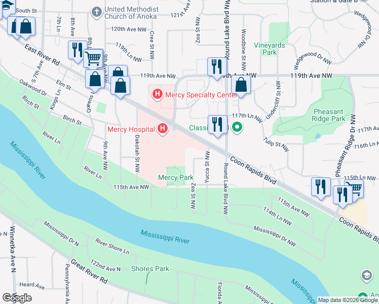 map of restaurants, bars, coffee shops, grocery stores, and more near 3854 116th Avenue Northwest in Coon Rapids