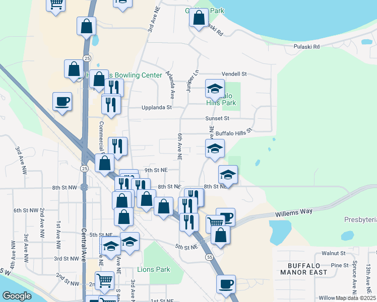 map of restaurants, bars, coffee shops, grocery stores, and more near 906 6th Avenue Northeast in Buffalo
