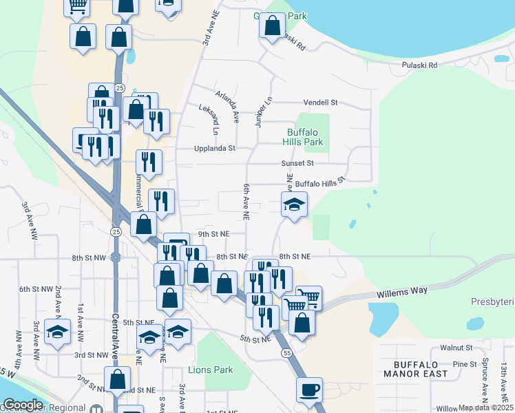 map of restaurants, bars, coffee shops, grocery stores, and more near 914 6th Avenue Northeast in Buffalo