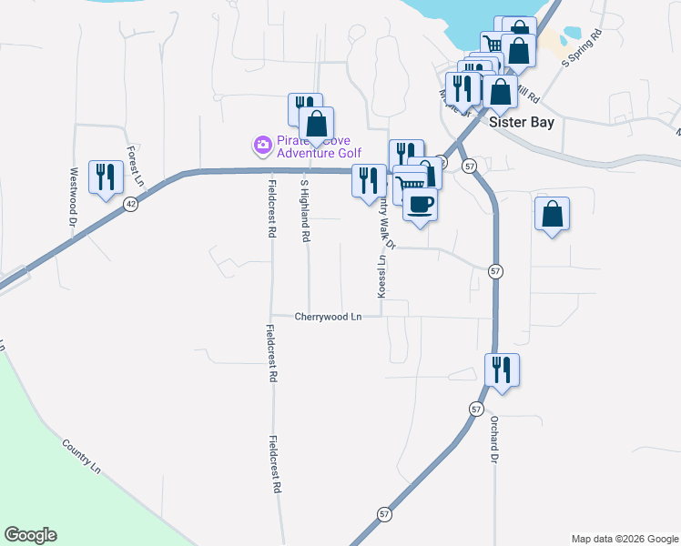 map of restaurants, bars, coffee shops, grocery stores, and more near 10518 Cherrywood Court in Sister Bay