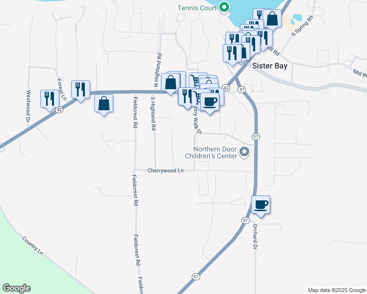map of restaurants, bars, coffee shops, grocery stores, and more near 10518 Cherrywood Court in Sister Bay