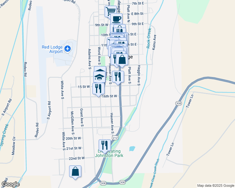 map of restaurants, bars, coffee shops, grocery stores, and more near 500-598 S Hauser Ave in Red Lodge