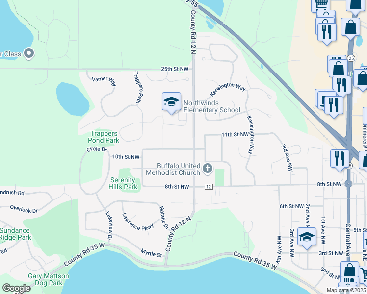 map of restaurants, bars, coffee shops, grocery stores, and more near 739 10th Street South in Buffalo