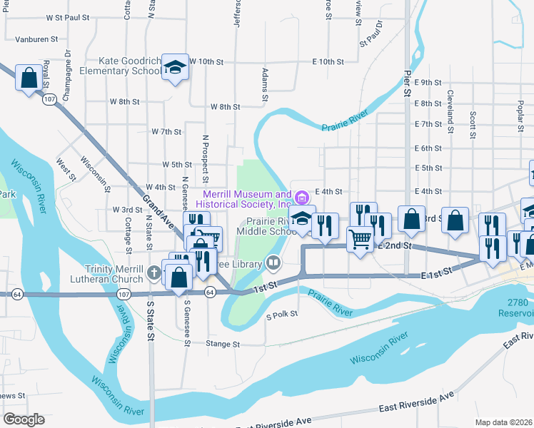 map of restaurants, bars, coffee shops, grocery stores, and more near 210 West 3rd Street in Merrill