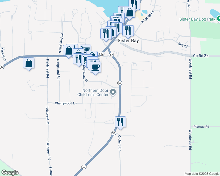 map of restaurants, bars, coffee shops, grocery stores, and more near 10549 Sth 57 in Sister Bay