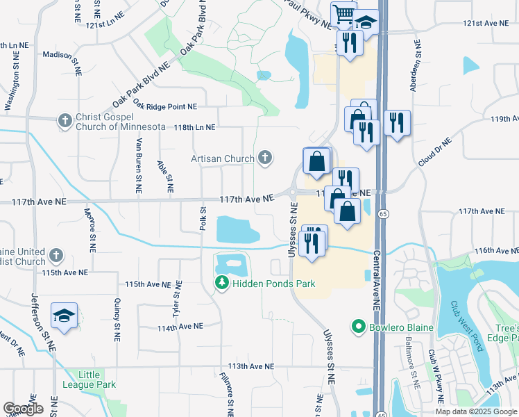 map of restaurants, bars, coffee shops, grocery stores, and more near 11705 Fillmore Street Northeast in Blaine