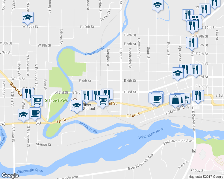 map of restaurants, bars, coffee shops, grocery stores, and more near 400 East 3rd Street in Merrill