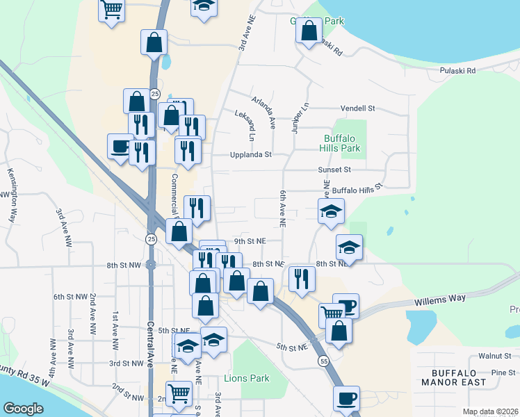 map of restaurants, bars, coffee shops, grocery stores, and more near 1004 3rd Avenue Northeast in Buffalo