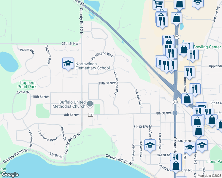 map of restaurants, bars, coffee shops, grocery stores, and more near 1101 Kensington Way in Buffalo