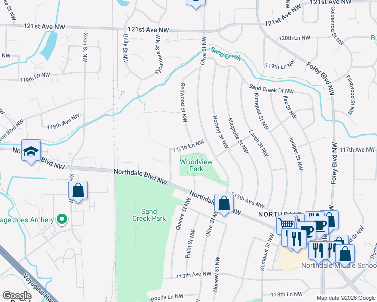 map of restaurants, bars, coffee shops, grocery stores, and more near 845 117th Lane Northwest in Minneapolis