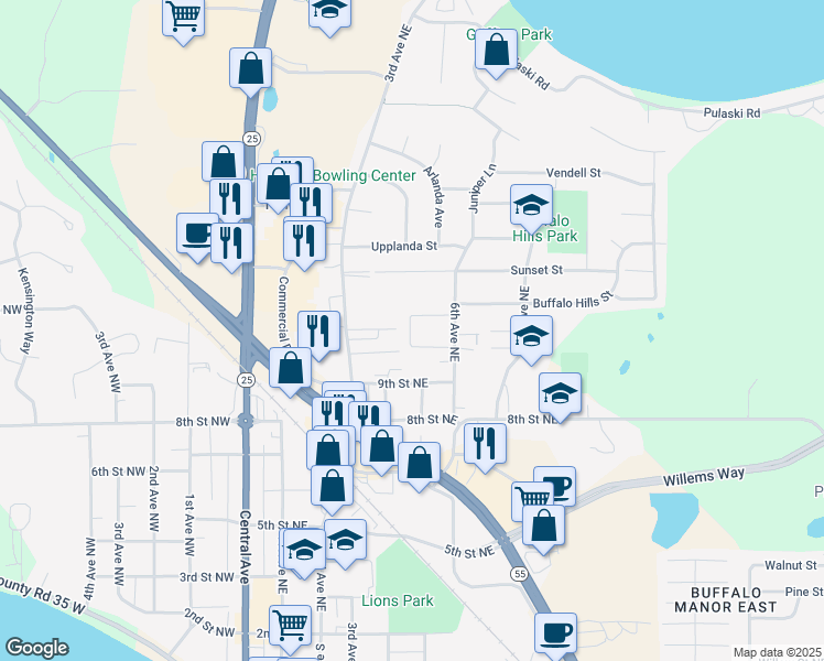 map of restaurants, bars, coffee shops, grocery stores, and more near 1004 3rd Avenue Northeast in Buffalo