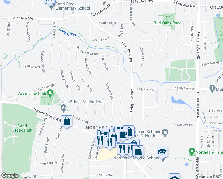 map of restaurants, bars, coffee shops, grocery stores, and more near 11699 Juniper Street Northwest in Coon Rapids