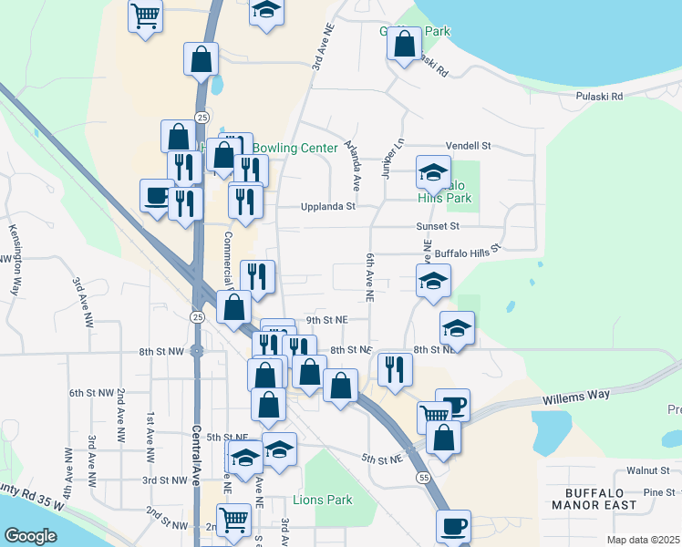 map of restaurants, bars, coffee shops, grocery stores, and more near 913 6th Avenue Northeast in Buffalo