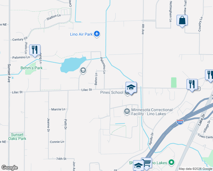 map of restaurants, bars, coffee shops, grocery stores, and more near 7600 Palomino Lane in Lino Lakes