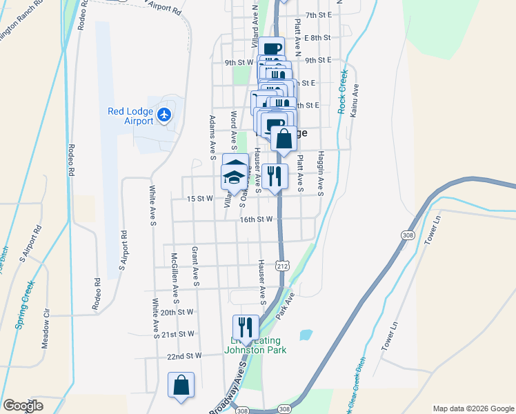 map of restaurants, bars, coffee shops, grocery stores, and more near 411 South Hauser Avenue in Red Lodge