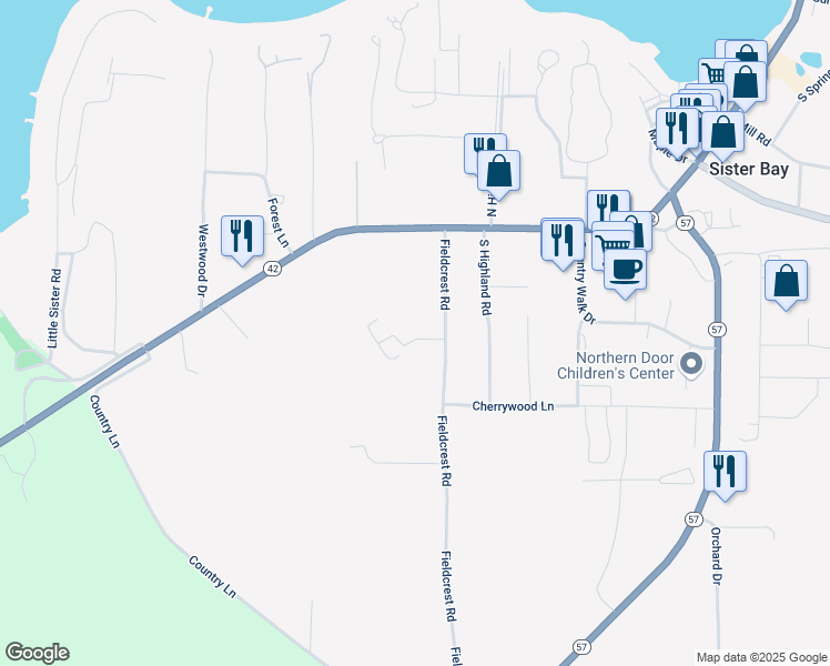 map of restaurants, bars, coffee shops, grocery stores, and more near 2523 Glen Lane in Sister Bay