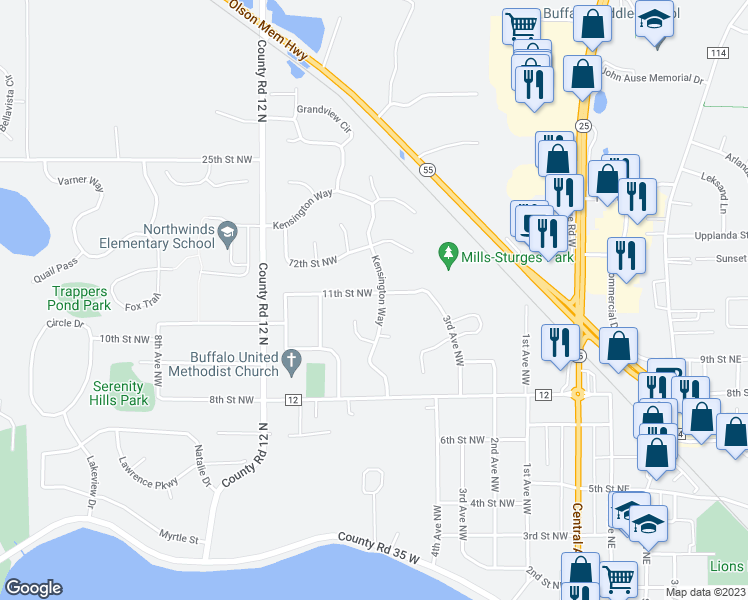 map of restaurants, bars, coffee shops, grocery stores, and more near 412 11th Street Northwest in Buffalo