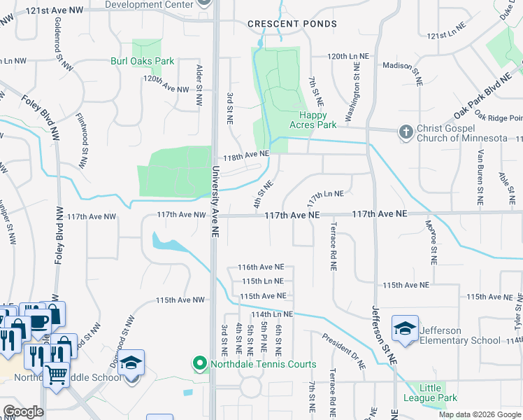 map of restaurants, bars, coffee shops, grocery stores, and more near 65 117th Avenue Northeast in Blaine