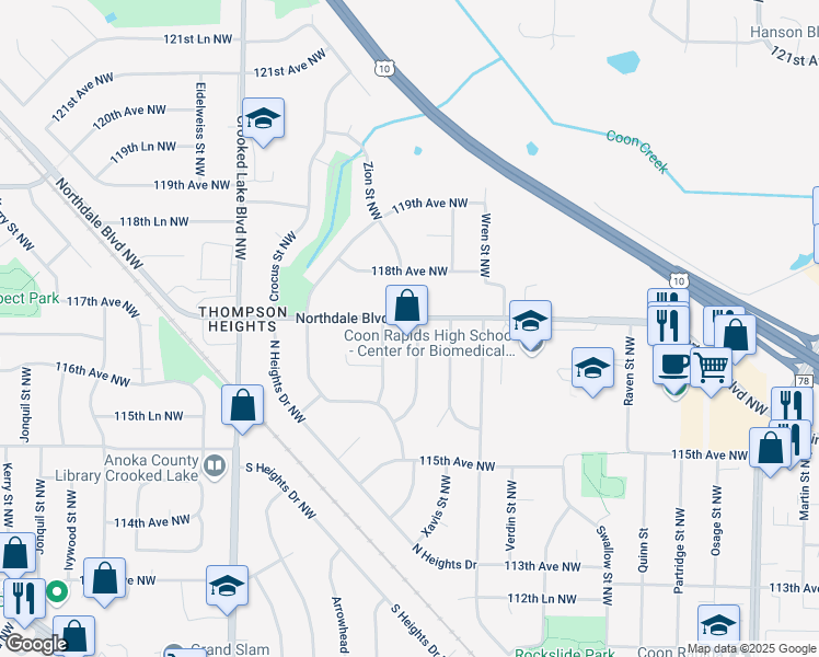 map of restaurants, bars, coffee shops, grocery stores, and more near 2520 Northdale Boulevard Northwest in Coon Rapids