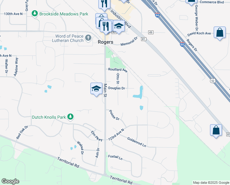 map of restaurants, bars, coffee shops, grocery stores, and more near 12520 Otto Street in Rogers