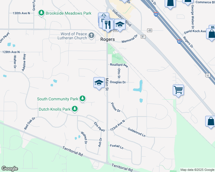 map of restaurants, bars, coffee shops, grocery stores, and more near 12585 Main Street in Rogers