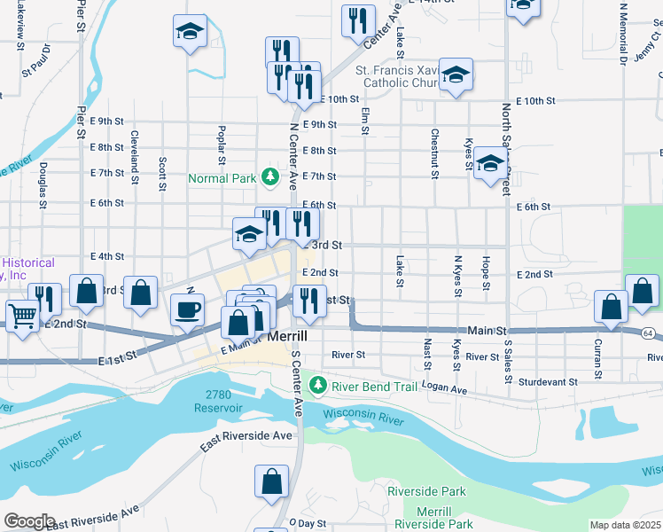 map of restaurants, bars, coffee shops, grocery stores, and more near 202 North Park Street in Merrill