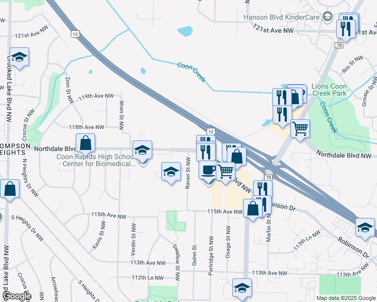 map of restaurants, bars, coffee shops, grocery stores, and more near 2171 Northdale Boulevard Northwest in Coon Rapids