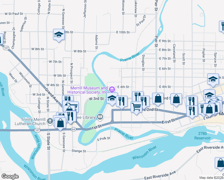 map of restaurants, bars, coffee shops, grocery stores, and more near 101 East 4th Street in Merrill