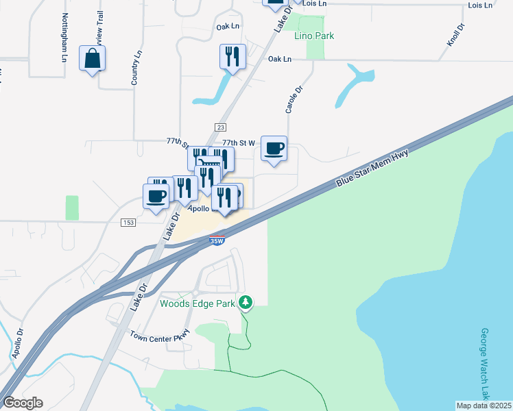 map of restaurants, bars, coffee shops, grocery stores, and more near 733 Apollo Drive in Lino Lakes