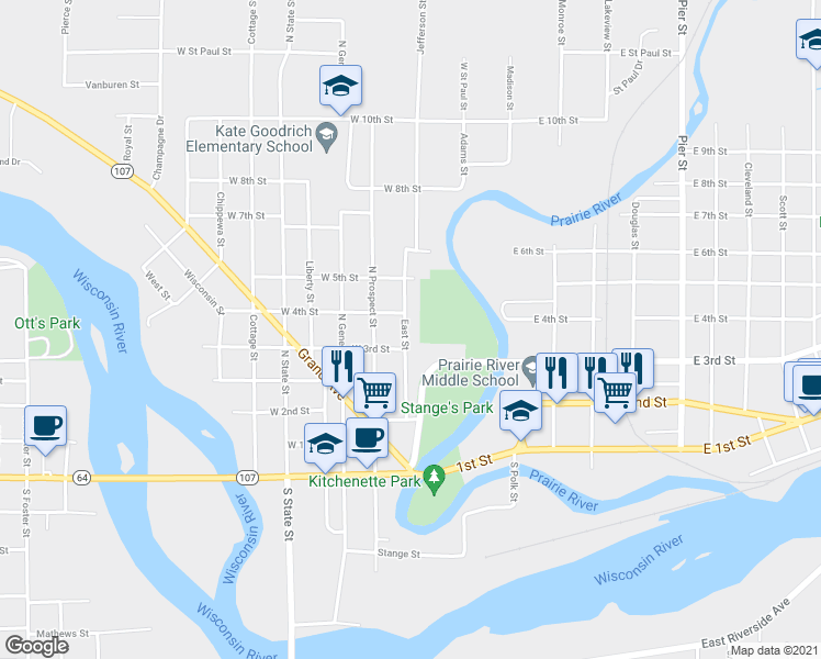 map of restaurants, bars, coffee shops, grocery stores, and more near 407 East Street in Merrill