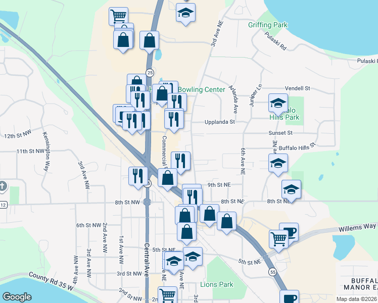 map of restaurants, bars, coffee shops, grocery stores, and more near 1001 3rd Avenue Northeast in Buffalo