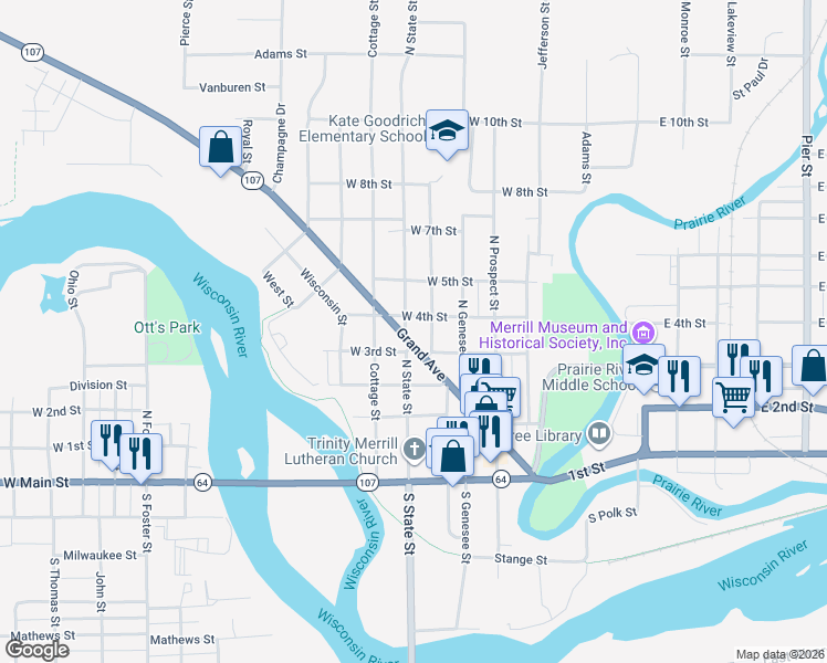 map of restaurants, bars, coffee shops, grocery stores, and more near 407 North State Street in Merrill