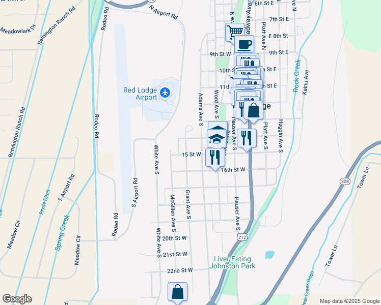 map of restaurants, bars, coffee shops, grocery stores, and more near 321 Grant Avenue South in Red Lodge